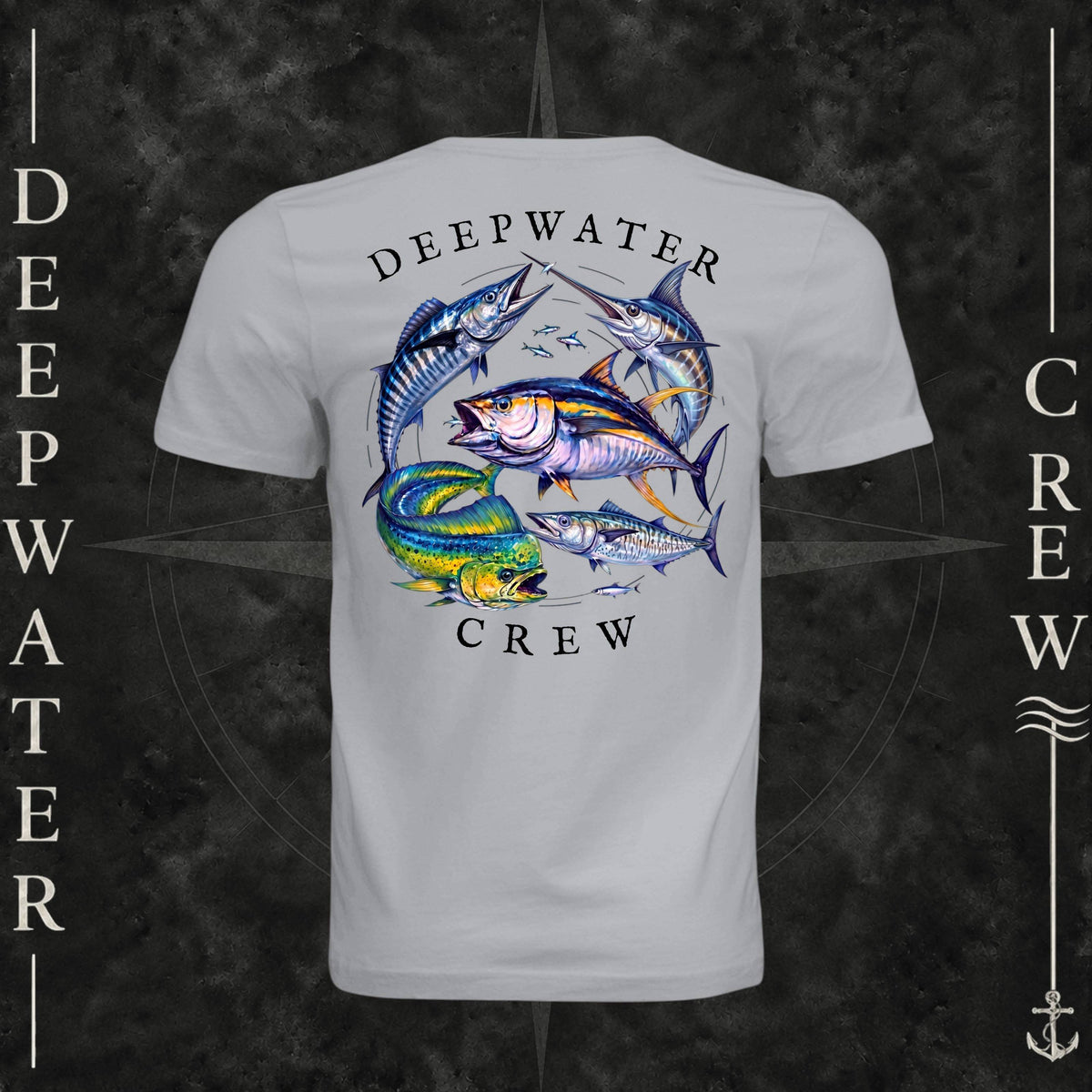 Solid Athletic Gray Deepwater Crew Co. Bluewater Strike crewneck T-shirt, back view with large colorful pelagic game fish collage and Deepwater Crew lettering.