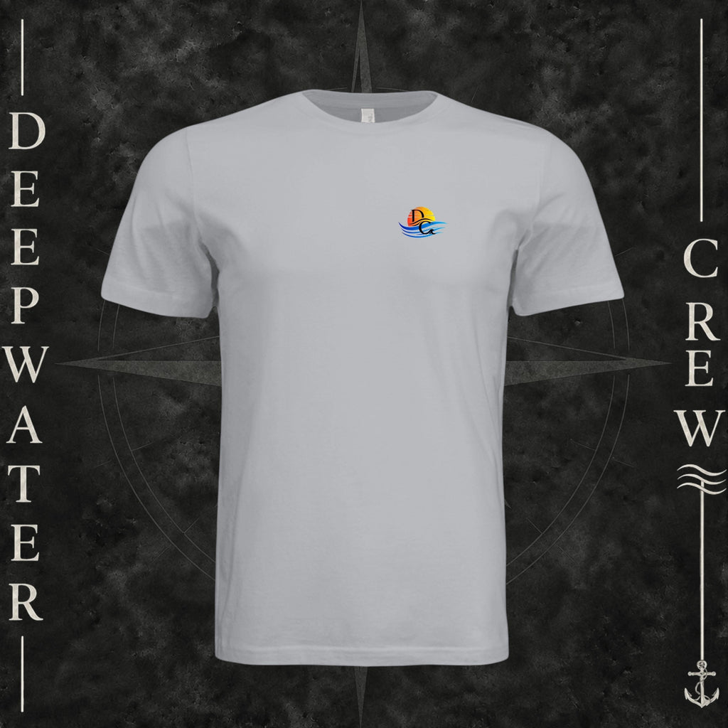 Solid Athletic Gray Deepwater Crew Co. Bluewater Strike crewneck T-shirt, front view with small DC sunset and ocean wave chest logo.