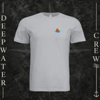 Solid Athletic Gray Deepwater Crew Co. Bluewater Strike crewneck T-shirt, front view with small DC sunset and ocean wave chest logo.