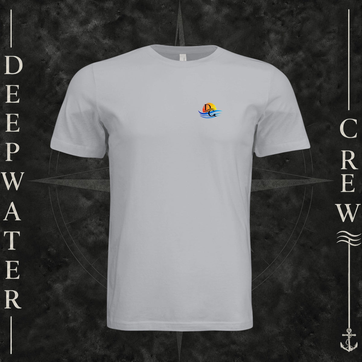 Solid Athletic Gray Deepwater Crew Co. Bluewater Strike crewneck T-shirt, front view with small DC sunset and ocean wave chest logo.