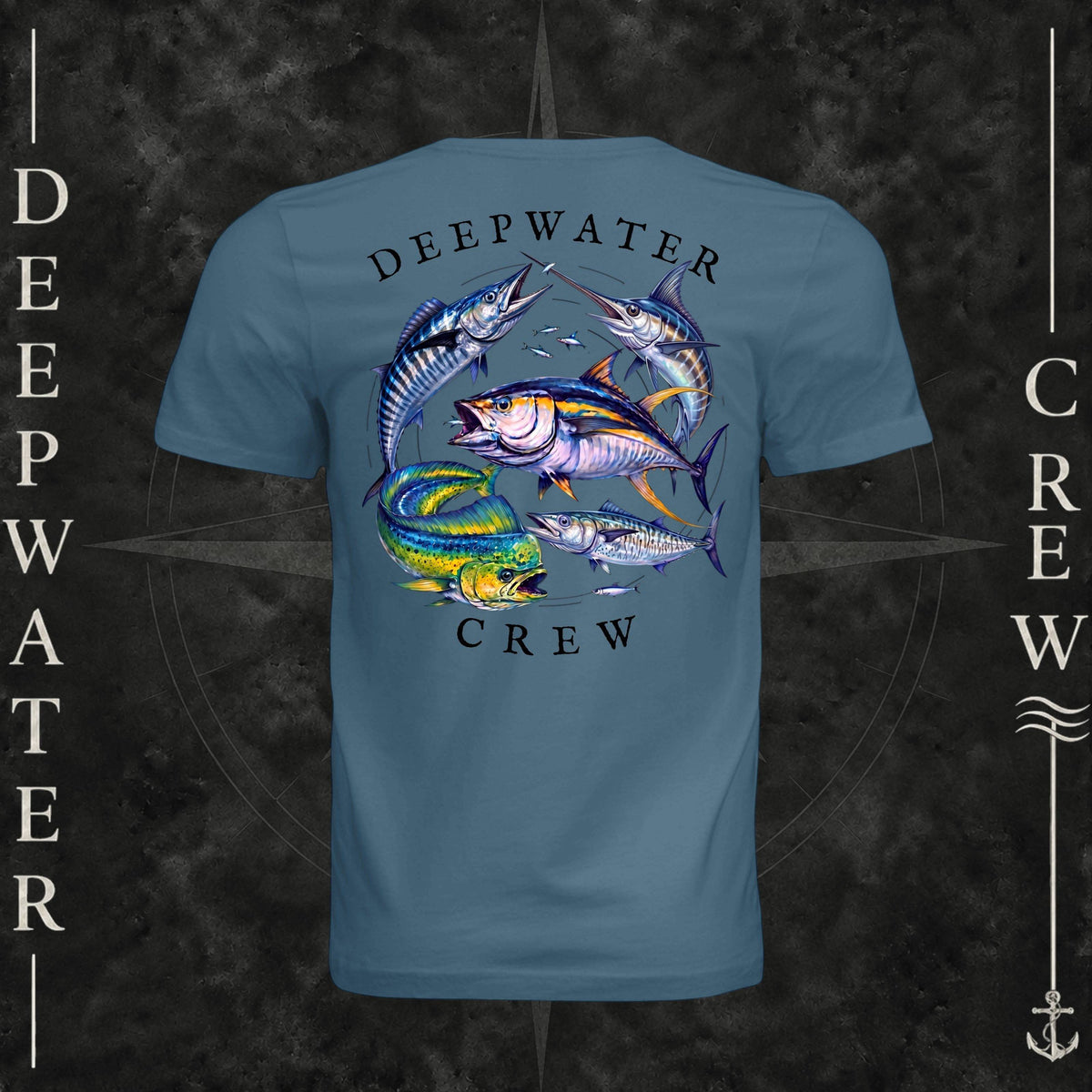 Steel Blue Deepwater Crew Co. Bluewater Strike crewneck T-shirt, back view with large colorful pelagic game fish collage and Deepwater Crew lettering.
