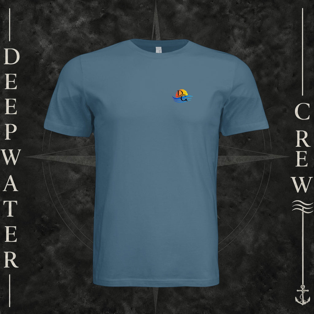 Steel Blue Deepwater Crew Co. Bluewater Strike crewneck T-shirt, front view with small DC sunset and ocean wave chest logo.