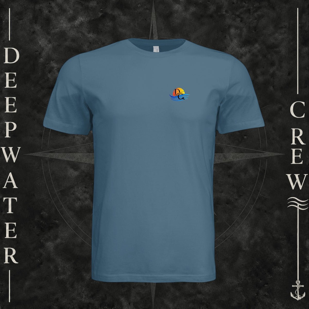 Steel Blue Deepwater Crew Co. Bluewater Strike crewneck T-shirt, front view with small DC sunset and ocean wave chest logo.