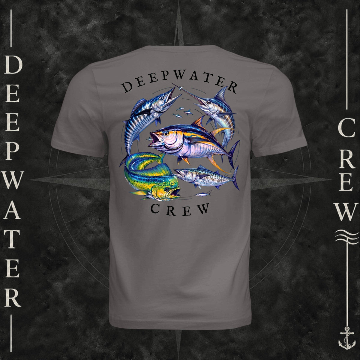Storm Deepwater Crew Co. Bluewater Strike crewneck T-shirt, back view with large colorful pelagic game fish collage and Deepwater Crew lettering.
