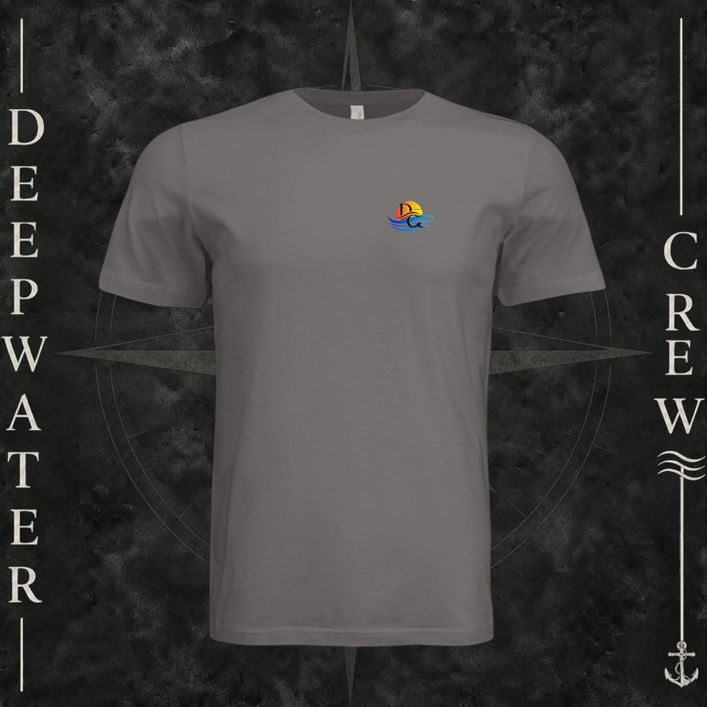 Storm Deepwater Crew Co. Bluewater Strike crewneck T-shirt, front view with small DC sunset and ocean wave chest logo.
