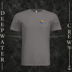 Storm Deepwater Crew Co. Bluewater Strike crewneck T-shirt, front view with small DC sunset and ocean wave chest logo.