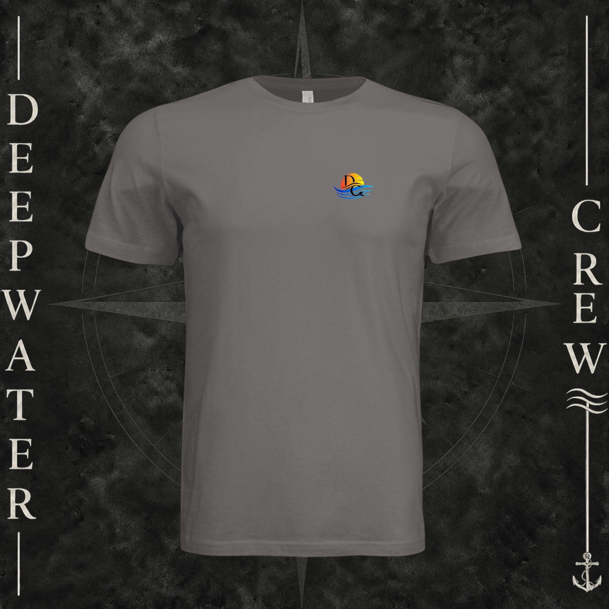 Storm Deepwater Crew Co. Bluewater Strike crewneck T-shirt, front view with small DC sunset and ocean wave chest logo.