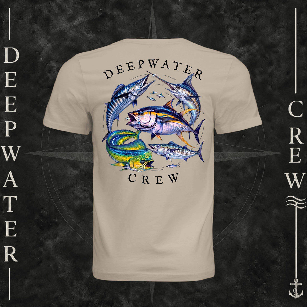 Tan Deepwater Crew Co. Bluewater Strike crewneck T-shirt, back view with large colorful pelagic game fish collage and Deepwater Crew lettering.