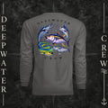Graphite Deepwater Crew Co. Bluewater Strike UPF 44+ long-sleeve performance shirt, back view with large colorful pelagic game fish collage and Deepwater Crew lettering.