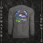 Graphite Deepwater Crew Co. Bluewater Strike UPF 44+ long-sleeve performance shirt, back view with large colorful pelagic game fish collage and Deepwater Crew lettering.