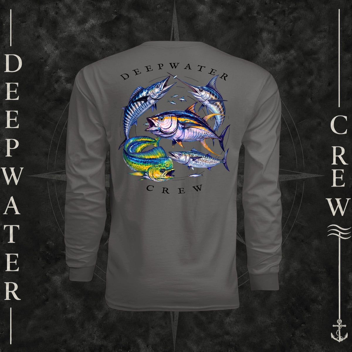 Graphite Deepwater Crew Co. Bluewater Strike UPF 44+ long-sleeve performance shirt, back view with large colorful pelagic game fish collage and Deepwater Crew lettering.