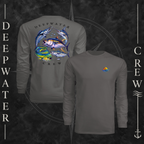Graphite Deepwater Crew Co. Bluewater Strike UPF 44+ long-sleeve performance shirt showing front and back views, with small DC sunset-and-wave crest logo and large colorful pelagic game fish collage with Deepwater Crew lettering.