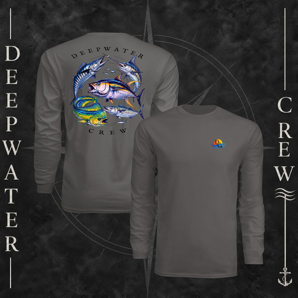 Graphite Deepwater Crew Co. Bluewater Strike UPF 44+ long-sleeve performance shirt showing front and back views, with small DC sunset-and-wave crest logo and large colorful pelagic game fish collage with Deepwater Crew lettering.