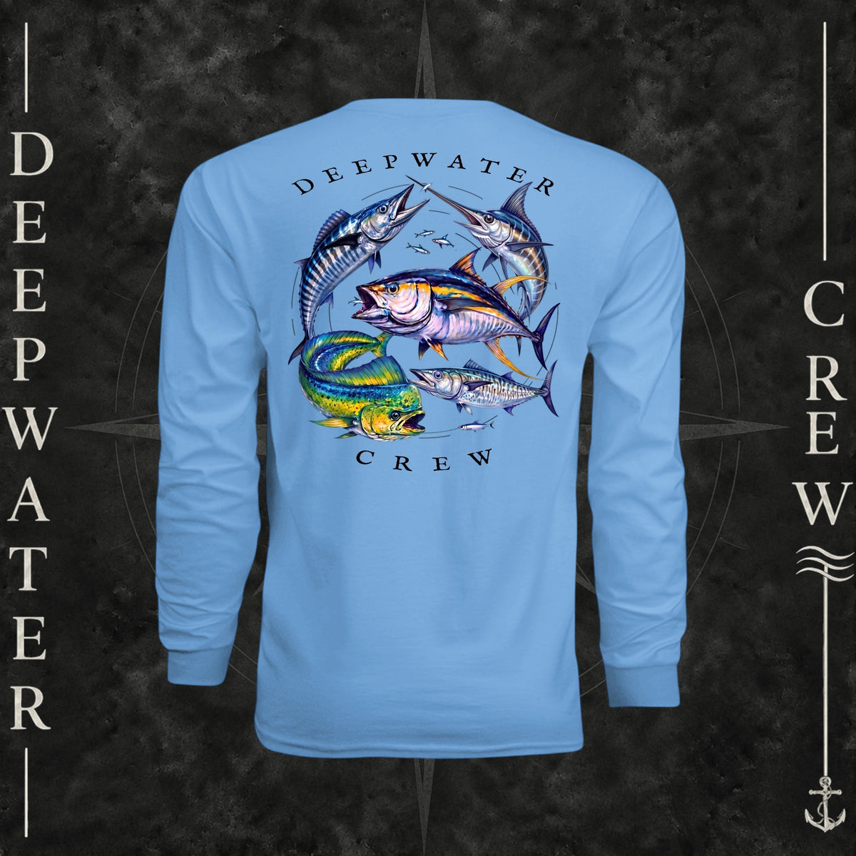 Light Blue Deepwater Crew Co. Bluewater Strike UPF 44+ long-sleeve performance shirt, back view with large colorful pelagic game fish collage and Deepwater Crew lettering.