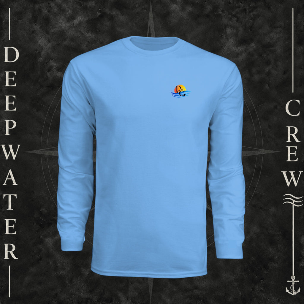Light Blue Deepwater Crew Co. Bluewater Strike UPF 44+ long-sleeve performance shirt, front view with small DC sunset and ocean wave chest logo.