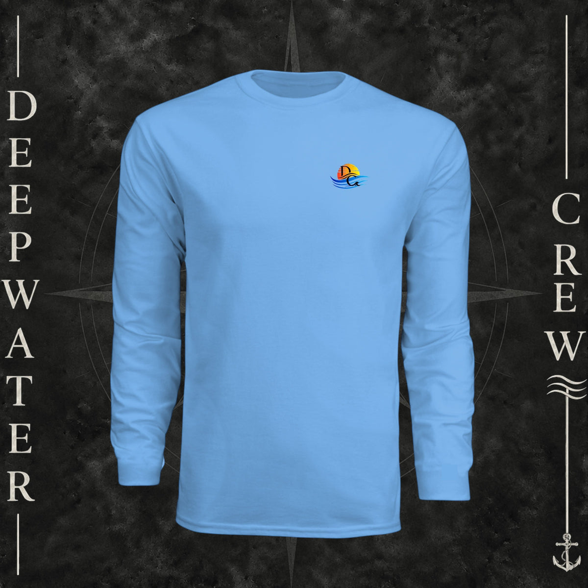 Light Blue Deepwater Crew Co. Bluewater Strike UPF 44+ long-sleeve performance shirt, front view with small DC sunset and ocean wave chest logo.