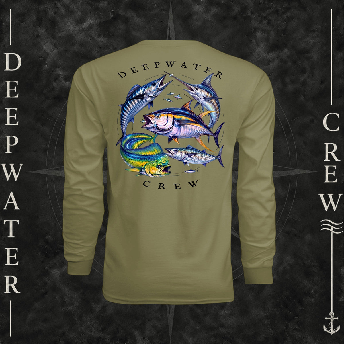 Olive Deepwater Crew Co. Bluewater Strike UPF 44+ long-sleeve performance shirt, back view with large colorful pelagic game fish collage and Deepwater Crew lettering.