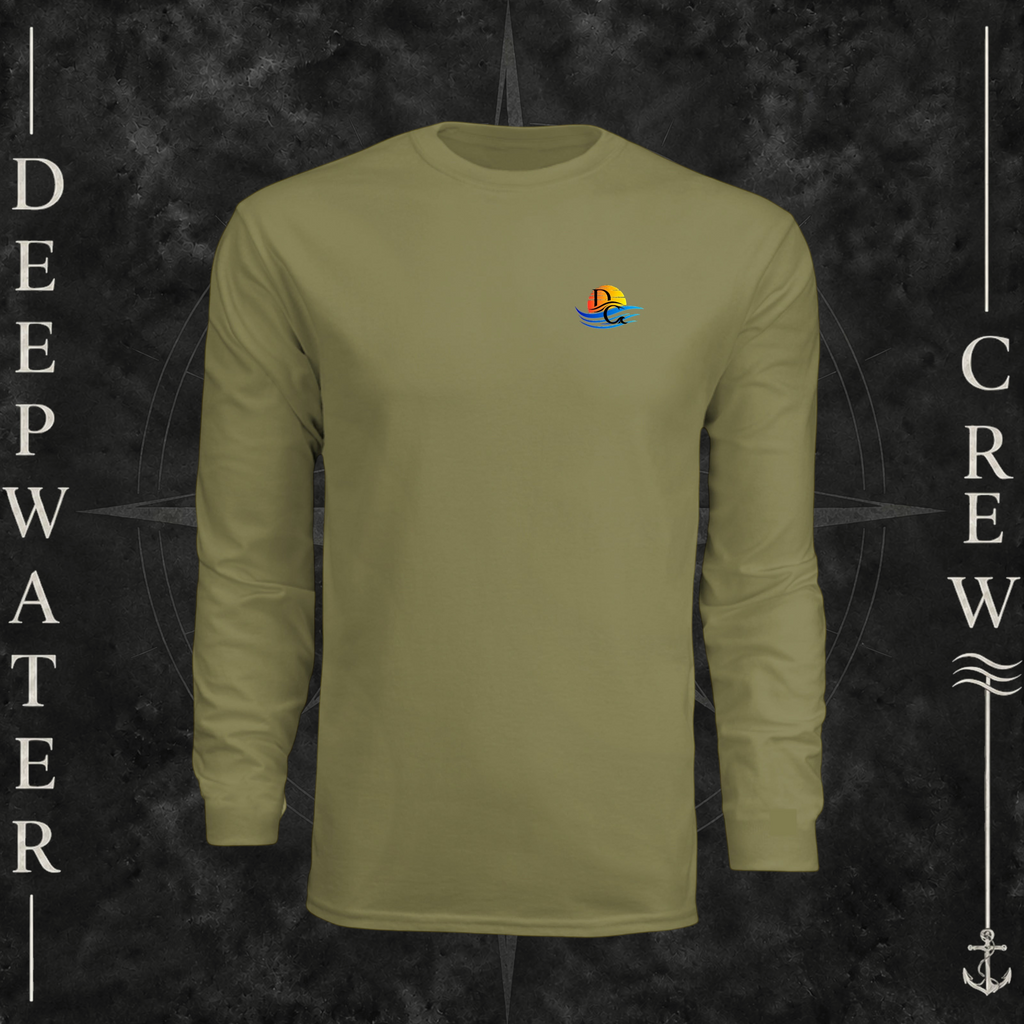Olive Deepwater Crew Co. Bluewater Strike UPF 44+ long-sleeve performance shirt, front view with small DC sunset and ocean wave chest logo.
