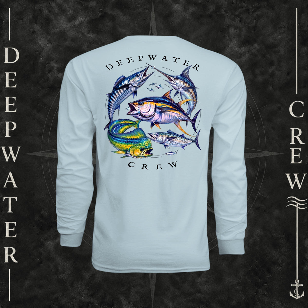 Pastel Blue Deepwater Crew Co. Bluewater Strike UPF 44+ long-sleeve performance shirt, back view with large colorful pelagic game fish collage and Deepwater Crew lettering.