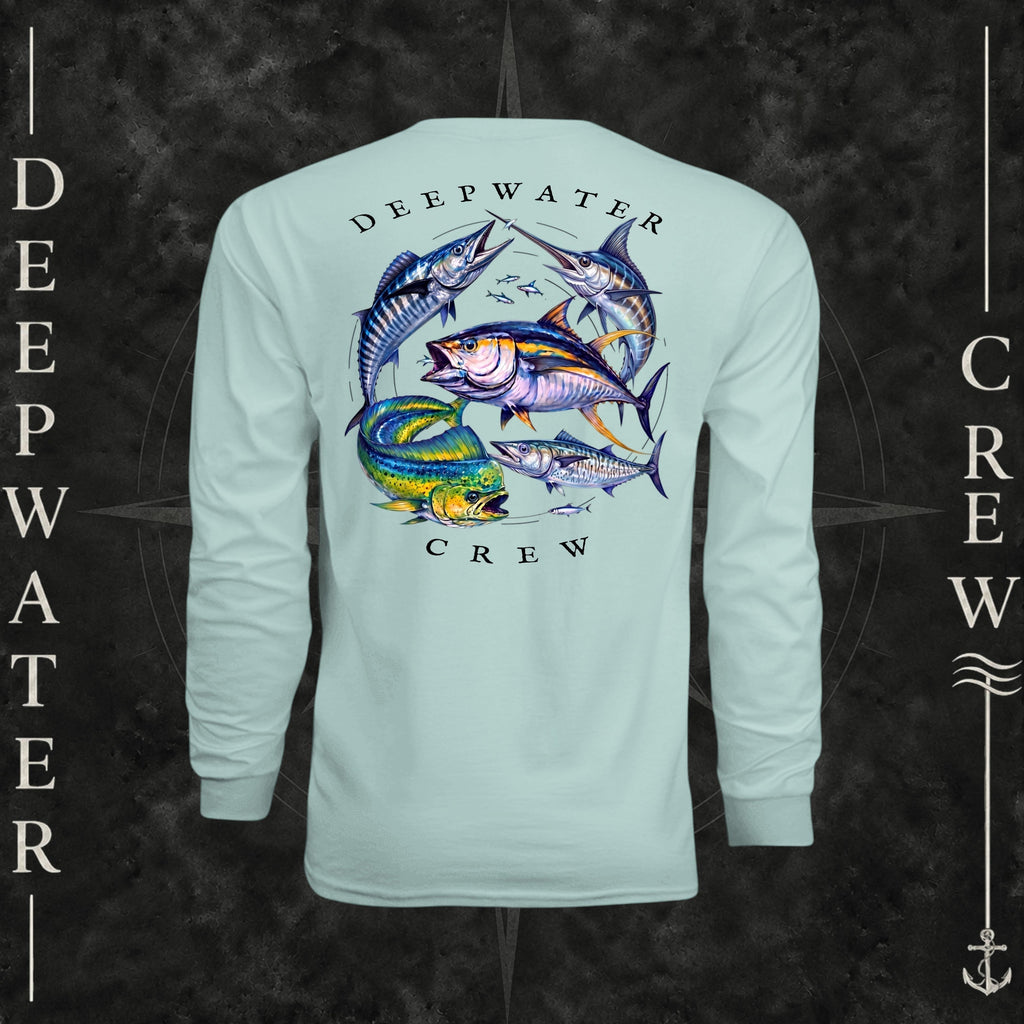 Pastel Mint Deepwater Crew Co. Bluewater Strike UPF 44+ long-sleeve performance shirt, back view with large colorful pelagic game fish collage and Deepwater Crew lettering.