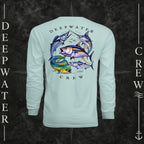 Pastel Mint Deepwater Crew Co. Bluewater Strike UPF 44+ long-sleeve performance shirt, back view with large colorful pelagic game fish collage and Deepwater Crew lettering.