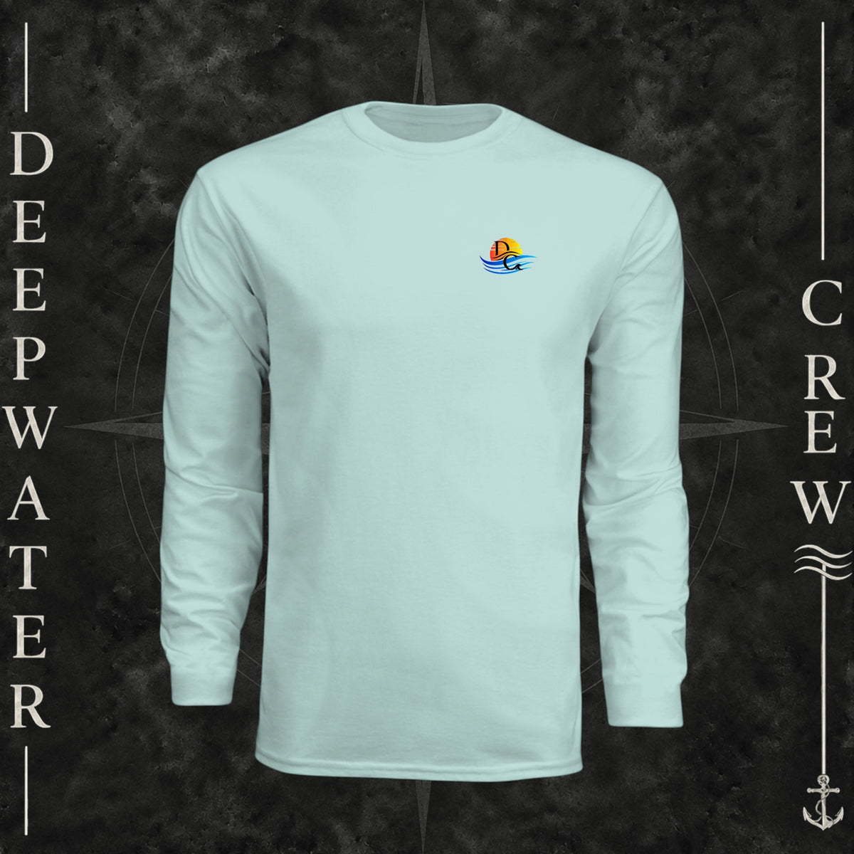 Pastel Mint Deepwater Crew Co. Bluewater Strike UPF 44+ long-sleeve performance shirt, front view with small DC sunset and ocean wave chest logo.
