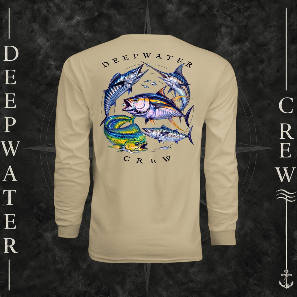 Sand Deepwater Crew Co. Bluewater Strike UPF 44+ long-sleeve performance shirt, back view with large colorful pelagic game fish collage and Deepwater Crew lettering.