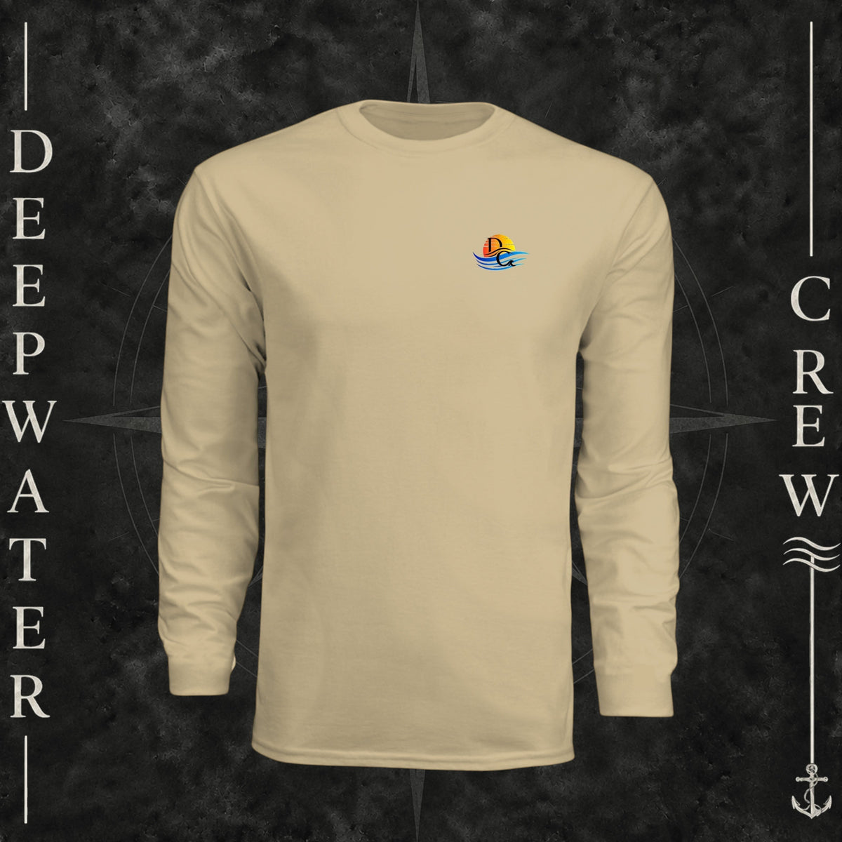 Sand Deepwater Crew Co. Bluewater Strike UPF 44+ long-sleeve performance shirt, front view with small DC sunset and ocean wave chest logo.