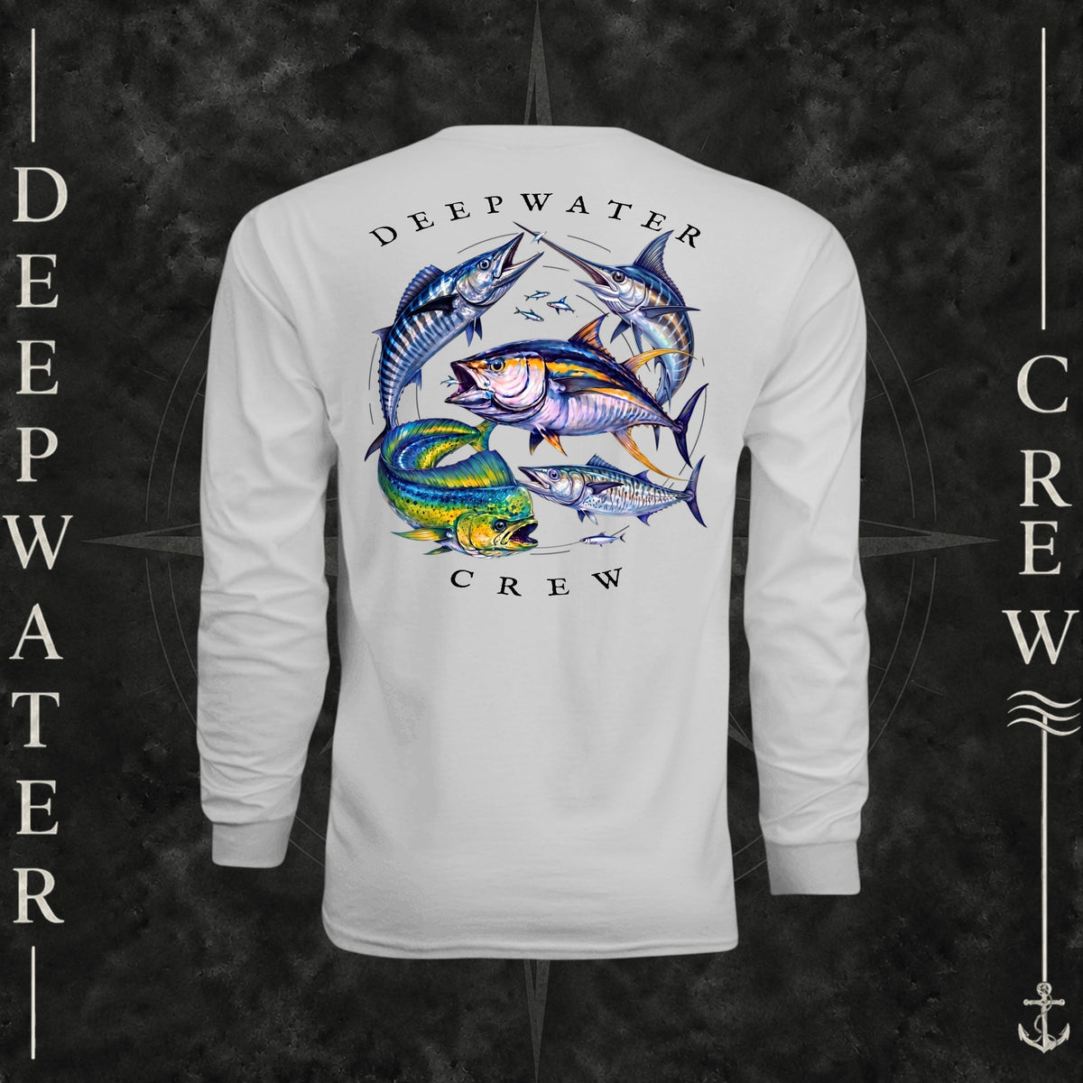 Silver Deepwater Crew Co. Bluewater Strike UPF 44+ long-sleeve performance shirt, back view with large colorful pelagic game fish collage and Deepwater Crew lettering.