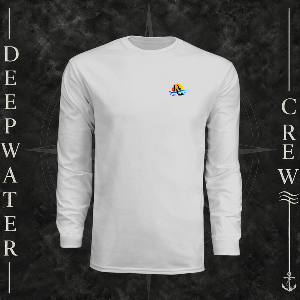 Silver Deepwater Crew Co. Bluewater Strike UPF 44+ long-sleeve performance shirt, front view with small DC sunset and ocean wave chest logo.