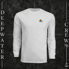 Silver Deepwater Crew Co. Bluewater Strike UPF 44+ long-sleeve performance shirt, front view with small DC sunset and ocean wave chest logo.