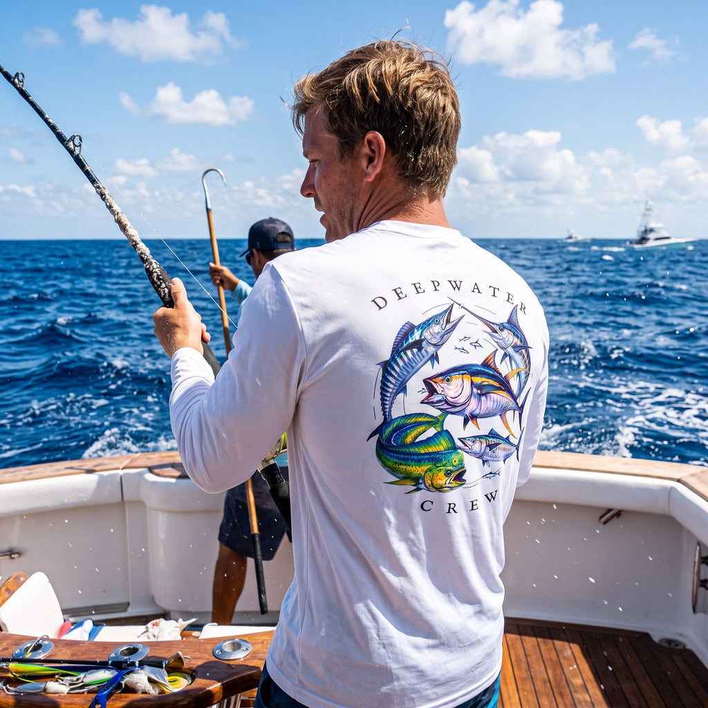 Man wearing a white Deepwater Crew Co. Bluewater Strike UPF 44+ long-sleeve performance shirt, back view with colorful pelagic game fish collage and Deepwater Crew lettering while offshore fishing.