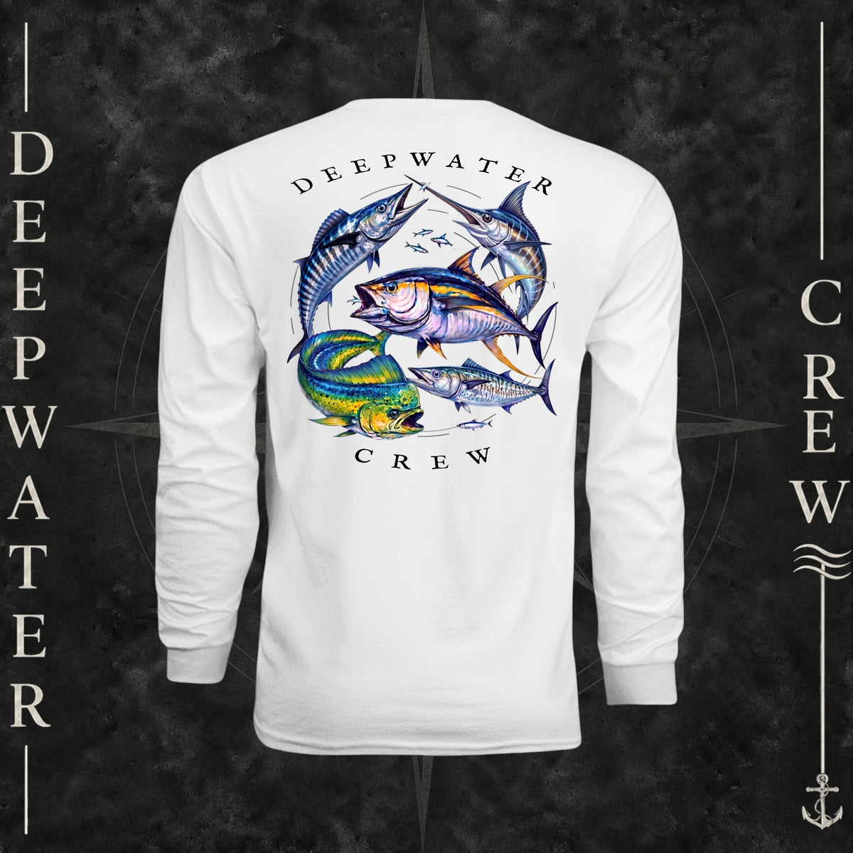 White Deepwater Crew Co. Bluewater Strike UPF 44+ long-sleeve performance shirt, back view with large colorful pelagic game fish collage and Deepwater Crew lettering.