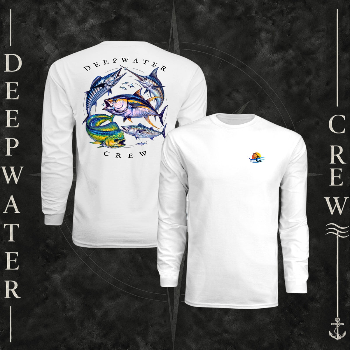 White Deepwater Crew Co. Bluewater Strike UPF 44+ long-sleeve performance shirt showing front and back views, with small DC sunset-and-wave crest logo and large colorful pelagic game fish collage with Deepwater Crew lettering.