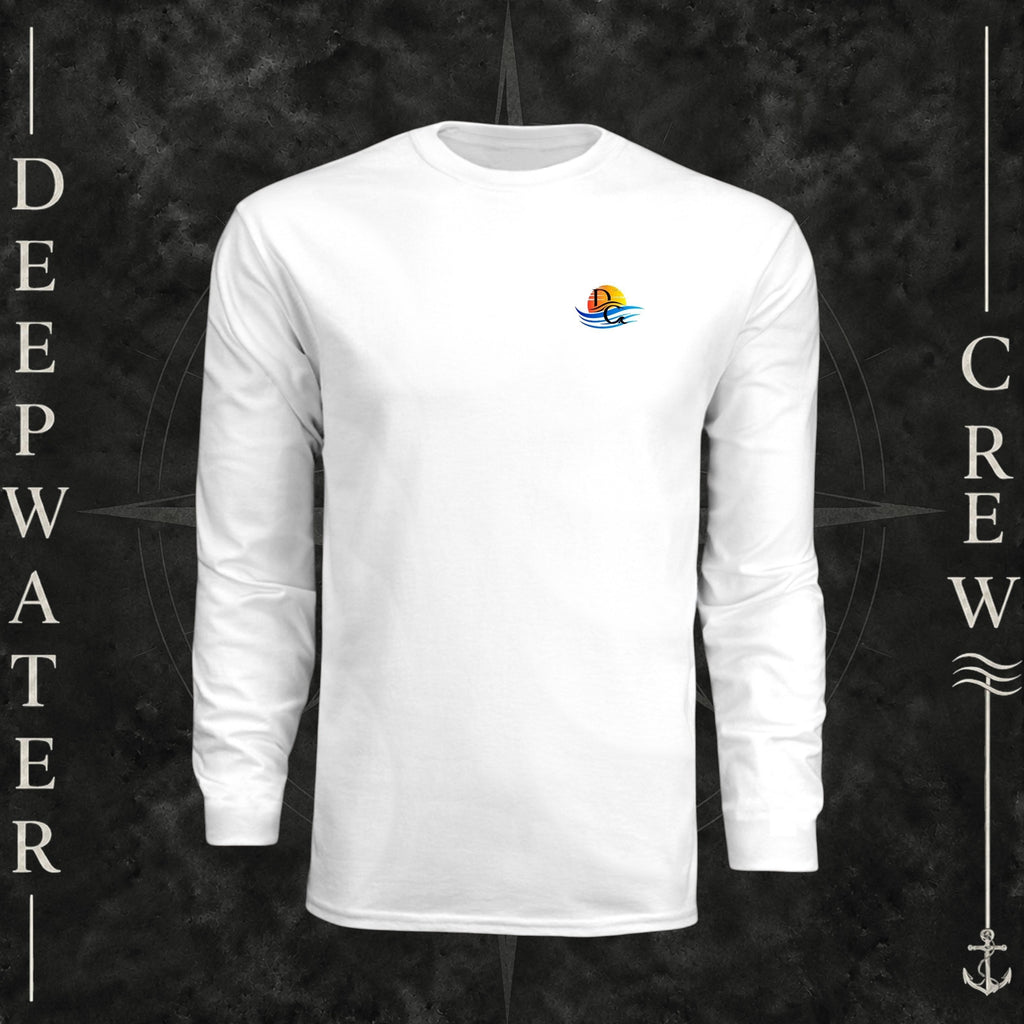 White Deepwater Crew Co. Bluewater Strike UPF 44+ long-sleeve performance shirt, front view with small DC sunset and ocean wave chest logo.