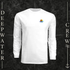 White Deepwater Crew Co. Bluewater Strike UPF 44+ long-sleeve performance shirt, front view with small DC sunset and ocean wave chest logo.