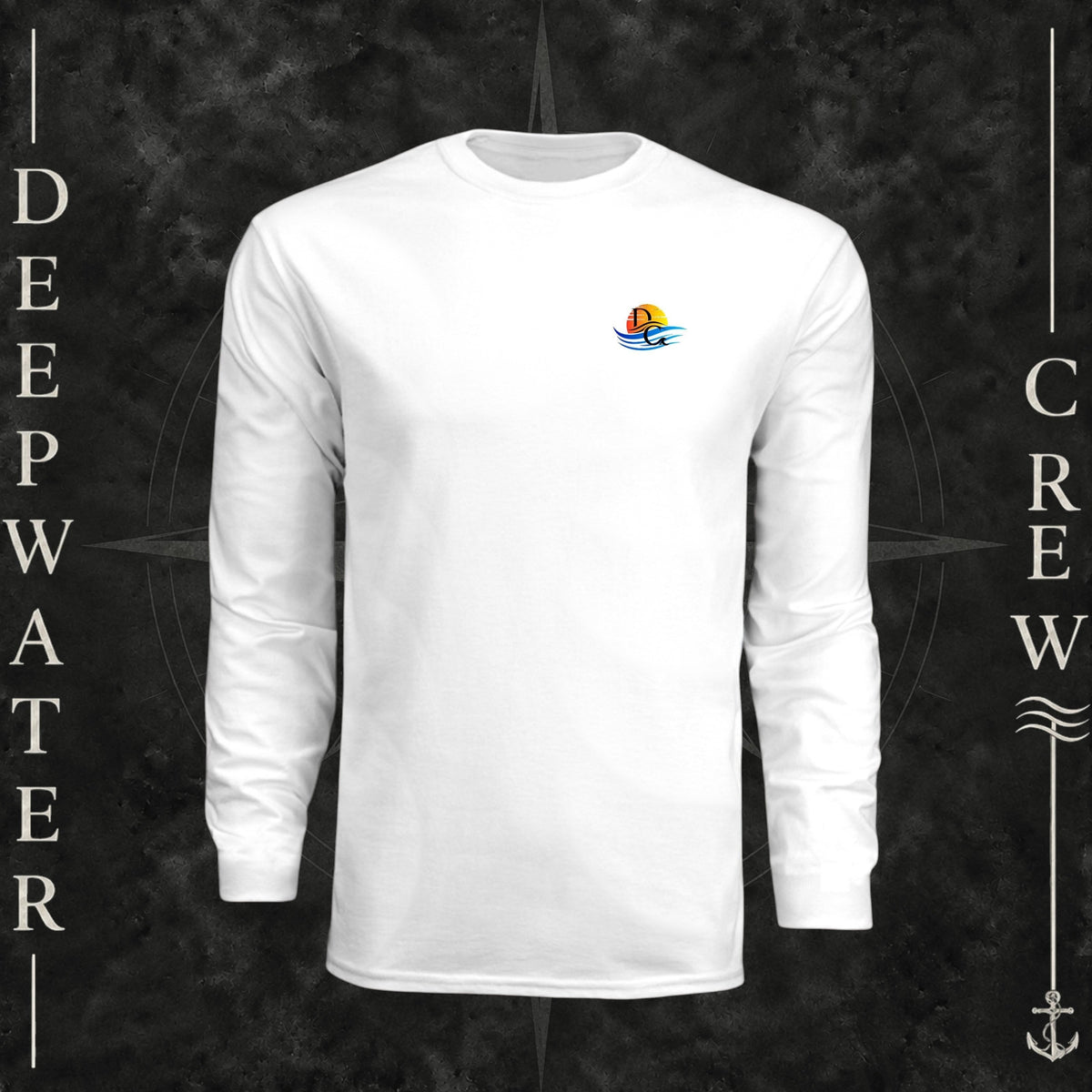 White Deepwater Crew Co. Bluewater Strike UPF 44+ long-sleeve performance shirt, front view with small DC sunset and ocean wave chest logo.
