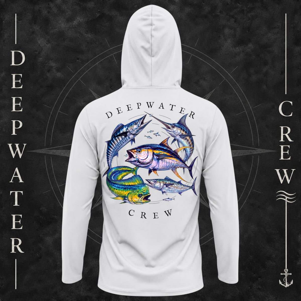 Aluminum Deepwater Crew Co. Bluewater Strike UPF 50+ performance hoodie, back view with large colorful pelagic game fish collage and Deepwater Crew lettering.