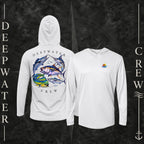 Aluminum Deepwater Crew Co. Bluewater Strike UPF 50+ performance hoodie showing front and back views, with small DC sunset and ocean wave chest logo and large colorful pelagic game fish collage with Deepwater Crew lettering.