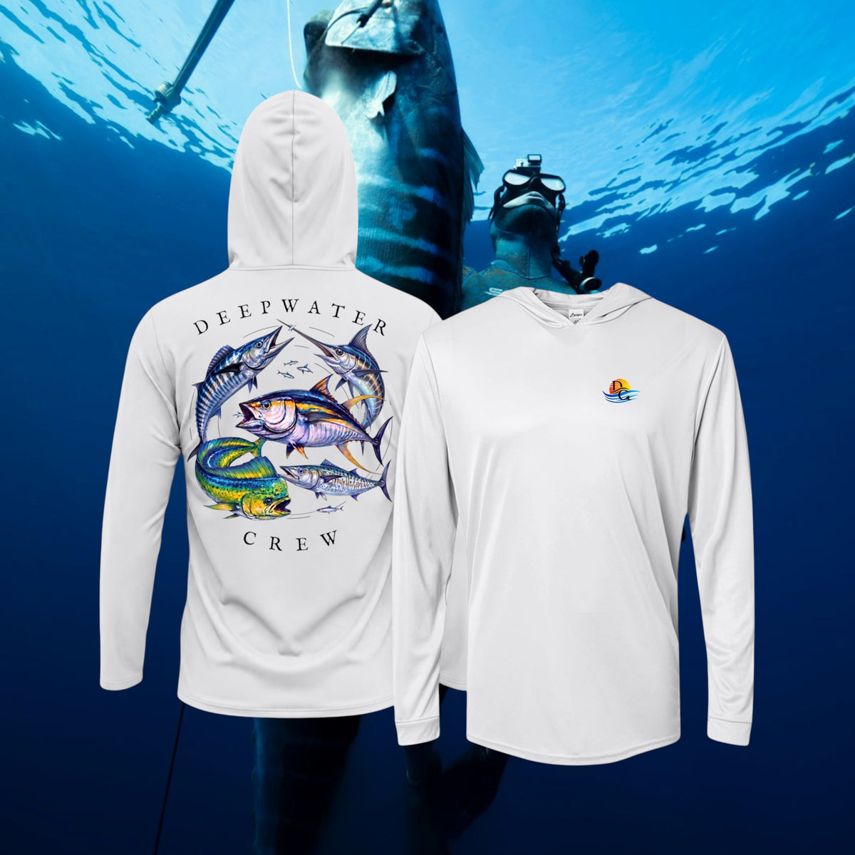 Aluminum Deepwater Crew Co. Bluewater Strike UPF 50+ performance hoodie showing front and back views, with small DC sunset and ocean wave chest logo and large colorful pelagic game fish collage with Deepwater Crew lettering. background is under water with a free diver holding a fish