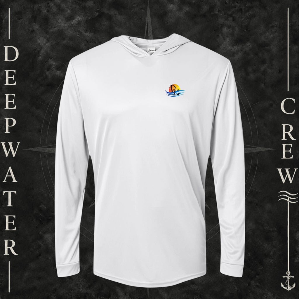 Aluminum Deepwater Crew Co. Bluewater Strike UPF 50+ performance hoodie, front view with small DC sunset and ocean wave chest logo.