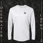 Aluminum Deepwater Crew Co. Bluewater Strike UPF 50+ performance hoodie, front view with small DC sunset and ocean wave chest logo.