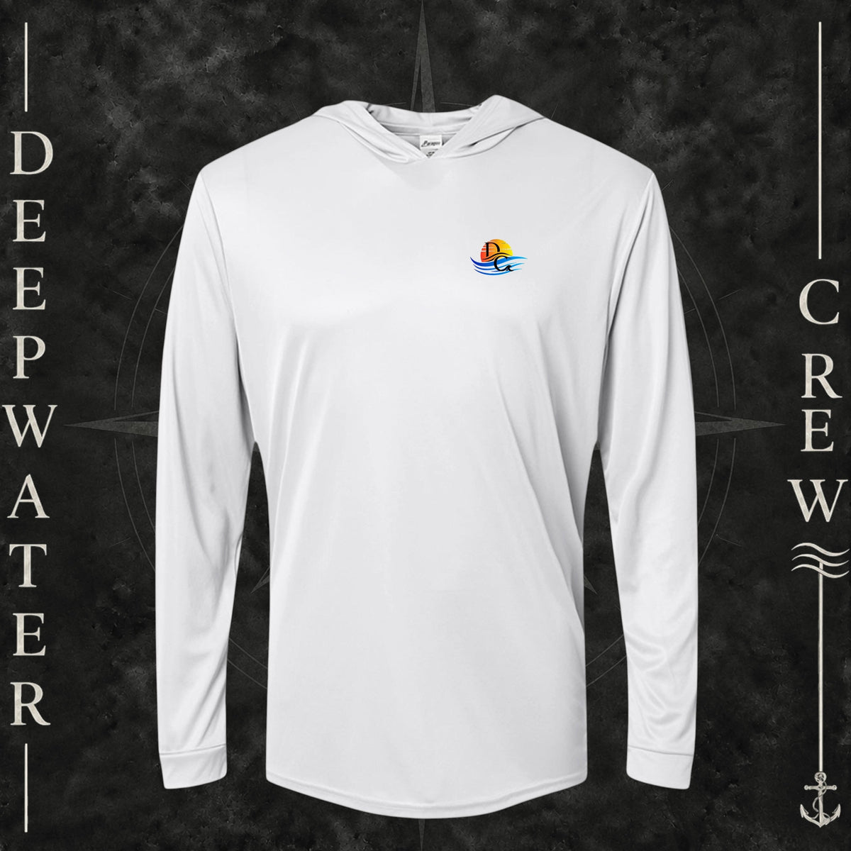 Aluminum Deepwater Crew Co. Bluewater Strike UPF 50+ performance hoodie, front view with small DC sunset and ocean wave chest logo.