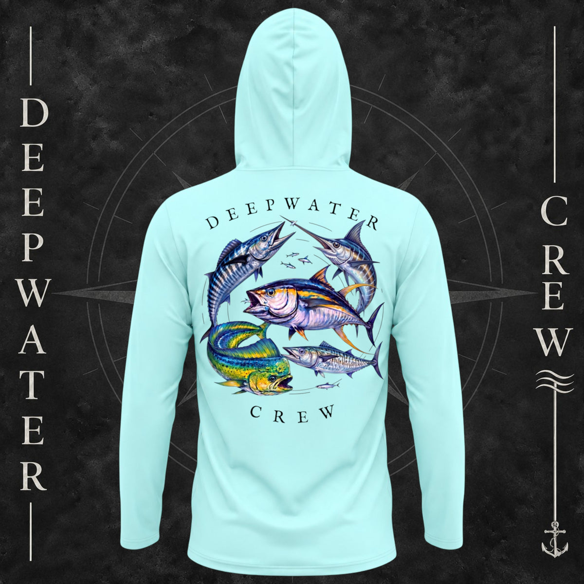 Aqua Blue Deepwater Crew Co. Bluewater Strike UPF 50+ performance hoodie, back view with large colorful pelagic game fish collage and Deepwater Crew lettering.