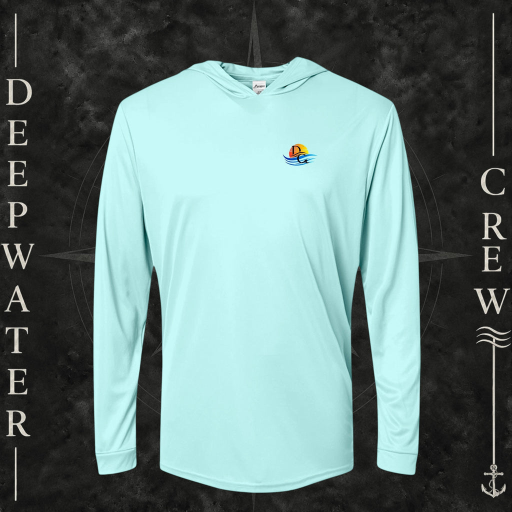 Aqua Blue Deepwater Crew Co. Bluewater Strike UPF 50+ performance hoodie, front view with small DC sunset and ocean wave chest logo.