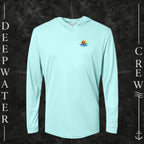 Aqua Blue Deepwater Crew Co. Bluewater Strike UPF 50+ performance hoodie, front view with small DC sunset and ocean wave chest logo.
