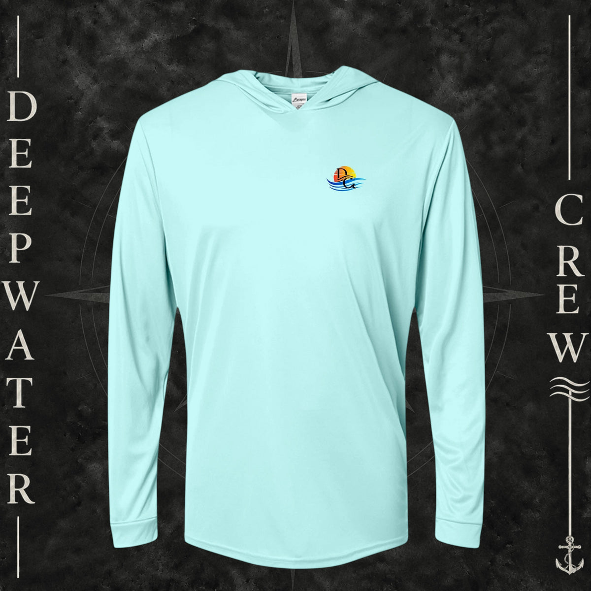 Aqua Blue Deepwater Crew Co. Bluewater Strike UPF 50+ performance hoodie, front view with small DC sunset and ocean wave chest logo.