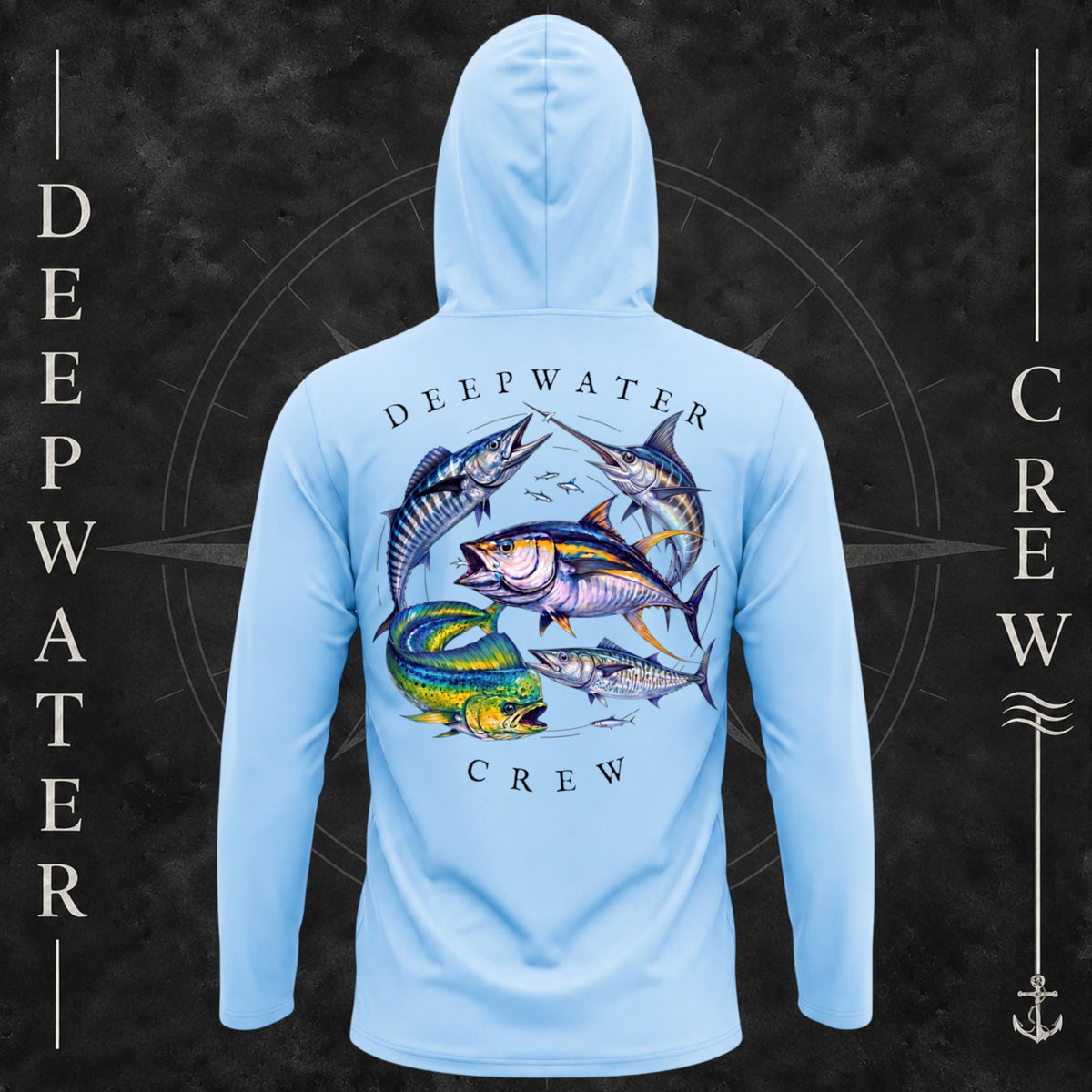 Blue Mist Deepwater Crew Co. Bluewater Strike UPF 50+ performance hoodie, back view with large colorful pelagic game fish collage and Deepwater Crew lettering.