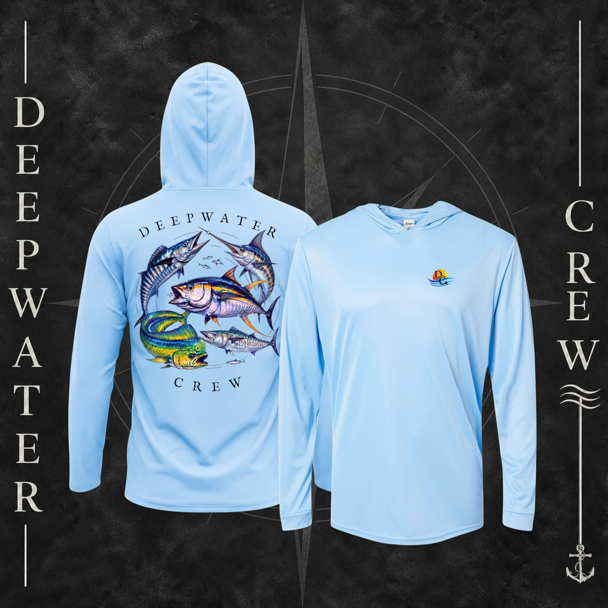 Blue Mist Deepwater Crew Co. Bluewater Strike UPF 50+ performance hoodie showing front and back views, with small DC sunset and ocean wave chest logo and large colorful pelagic game fish collage with Deepwater Crew lettering.