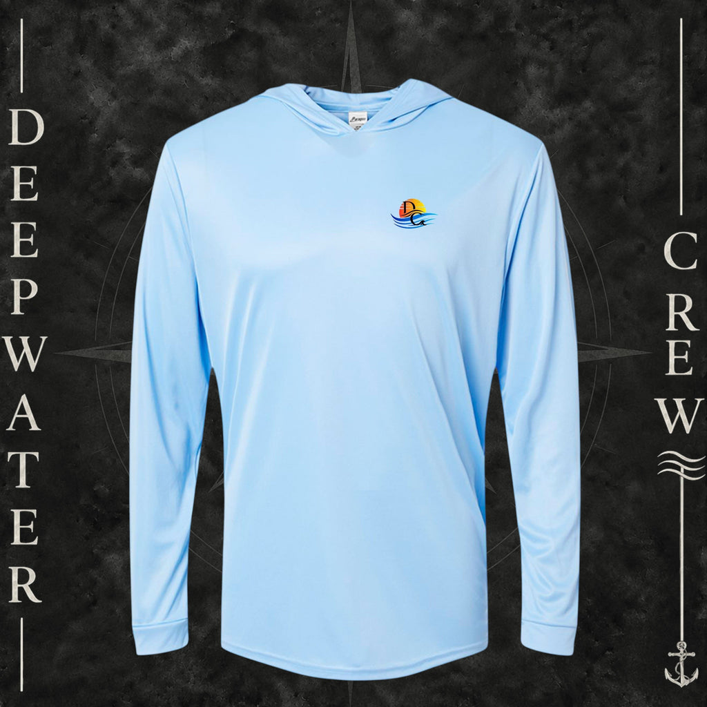 Blue Mist Deepwater Crew Co. Bluewater Strike UPF 50+ performance hoodie, front view with small DC sunset and ocean wave chest logo.